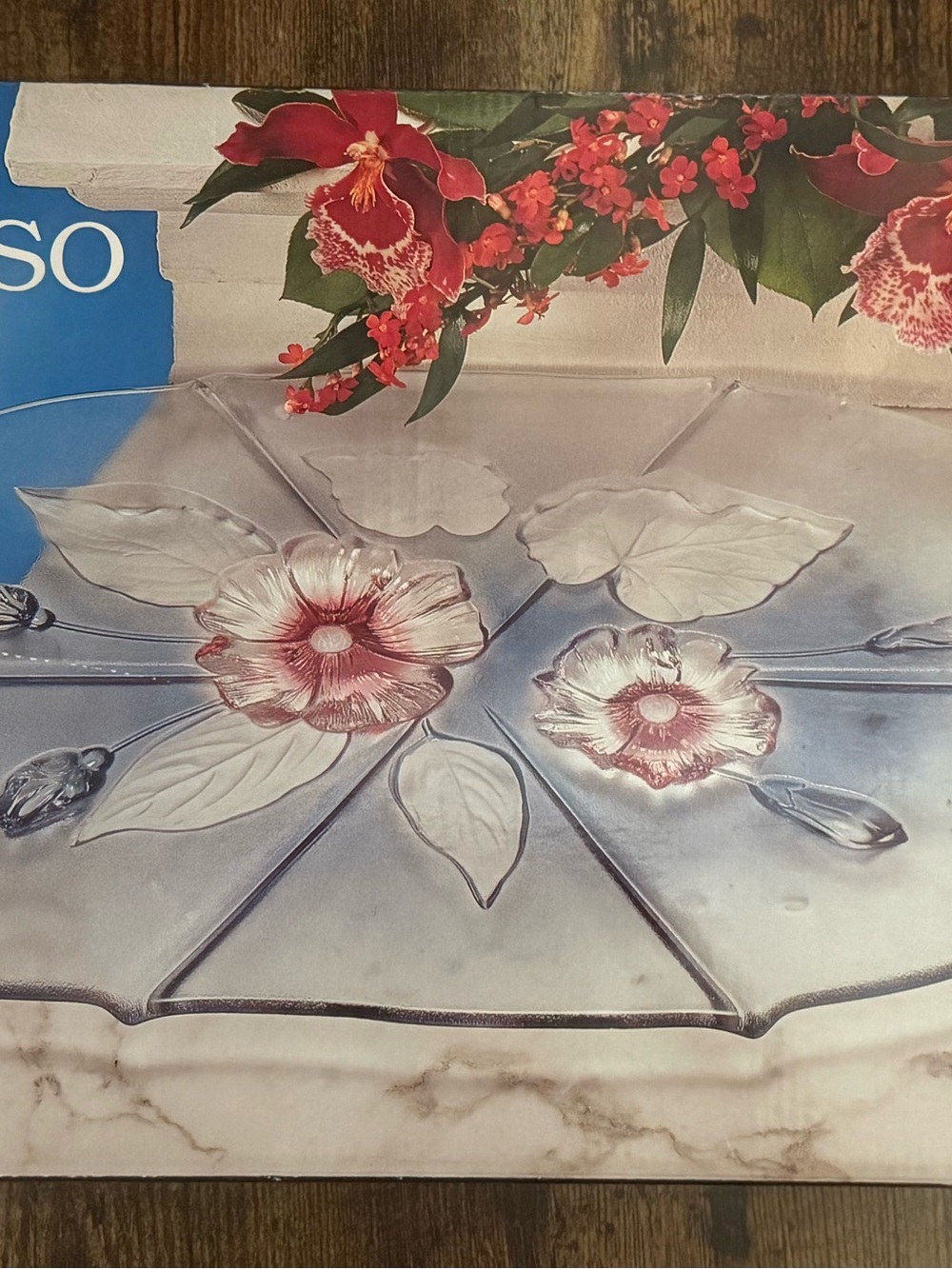 Vintage Mikasa Calypso Floral Pressed Glass Serving Platter with Pink Accents